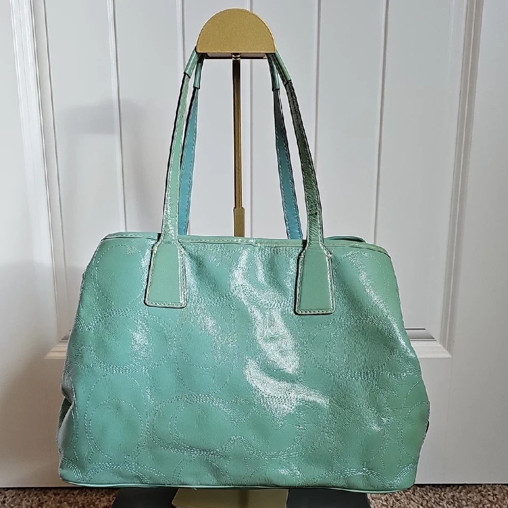 Coach 2011 F15658 Signature Stitched Patent Leather Framed Carryall Mint Green